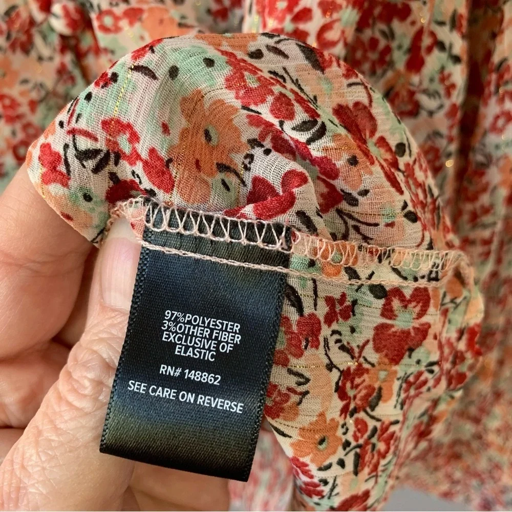 Torrid red, orange, light green sheer‎ floral long sleeve button up top. Size 1X - Picture 8 of 9